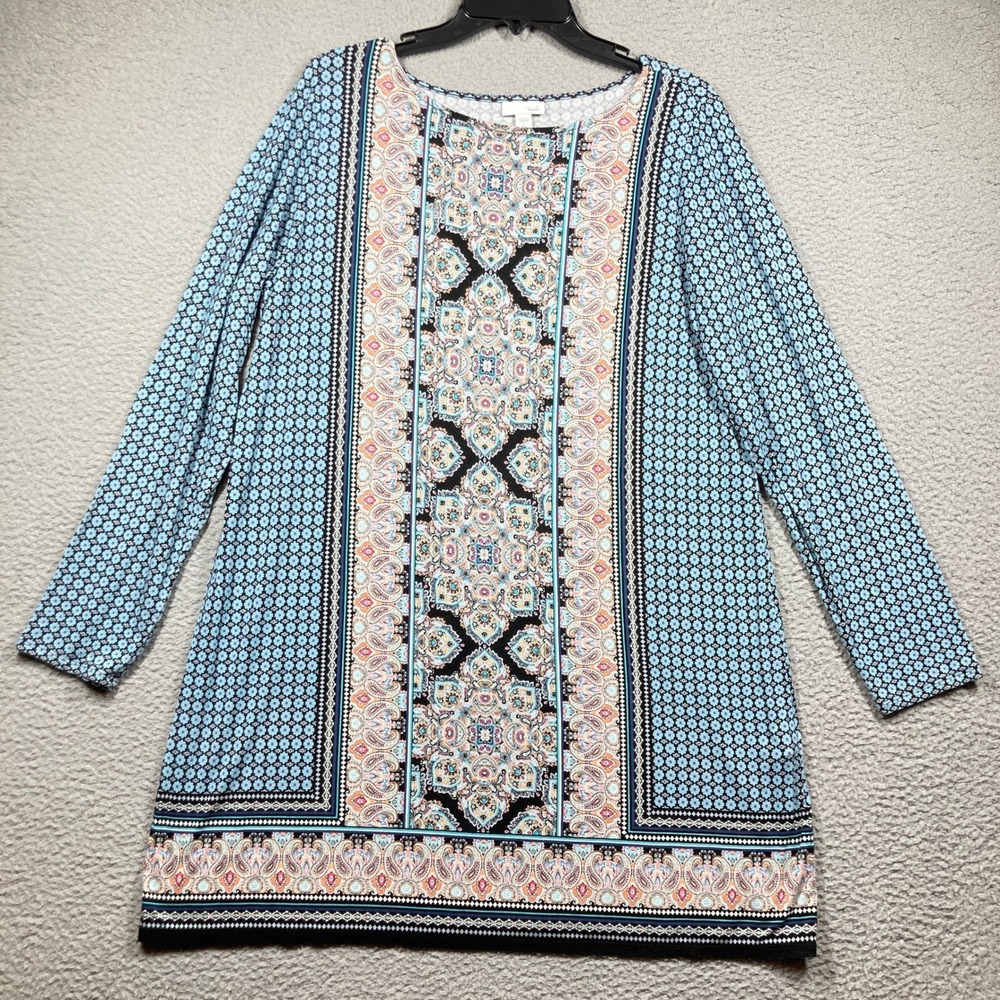 J. Jill Tunic Top Women L Tall Blue Paisley Floral Long Sleeve Stretch A-Line